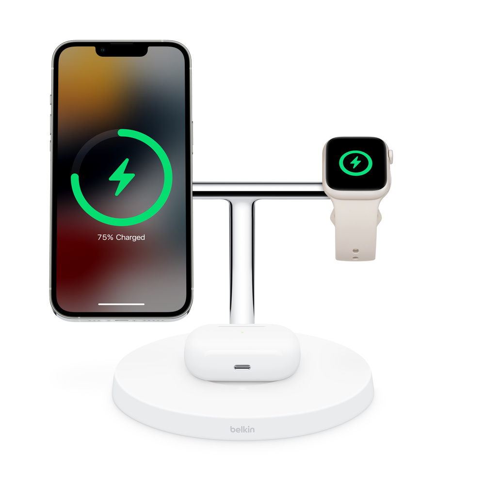 Belkin MagSafe 3-in-1 Wireless Fast Charging Stand for Apple Watch, iPhone  15, 14, 13, 12 Series , AirPods - White 